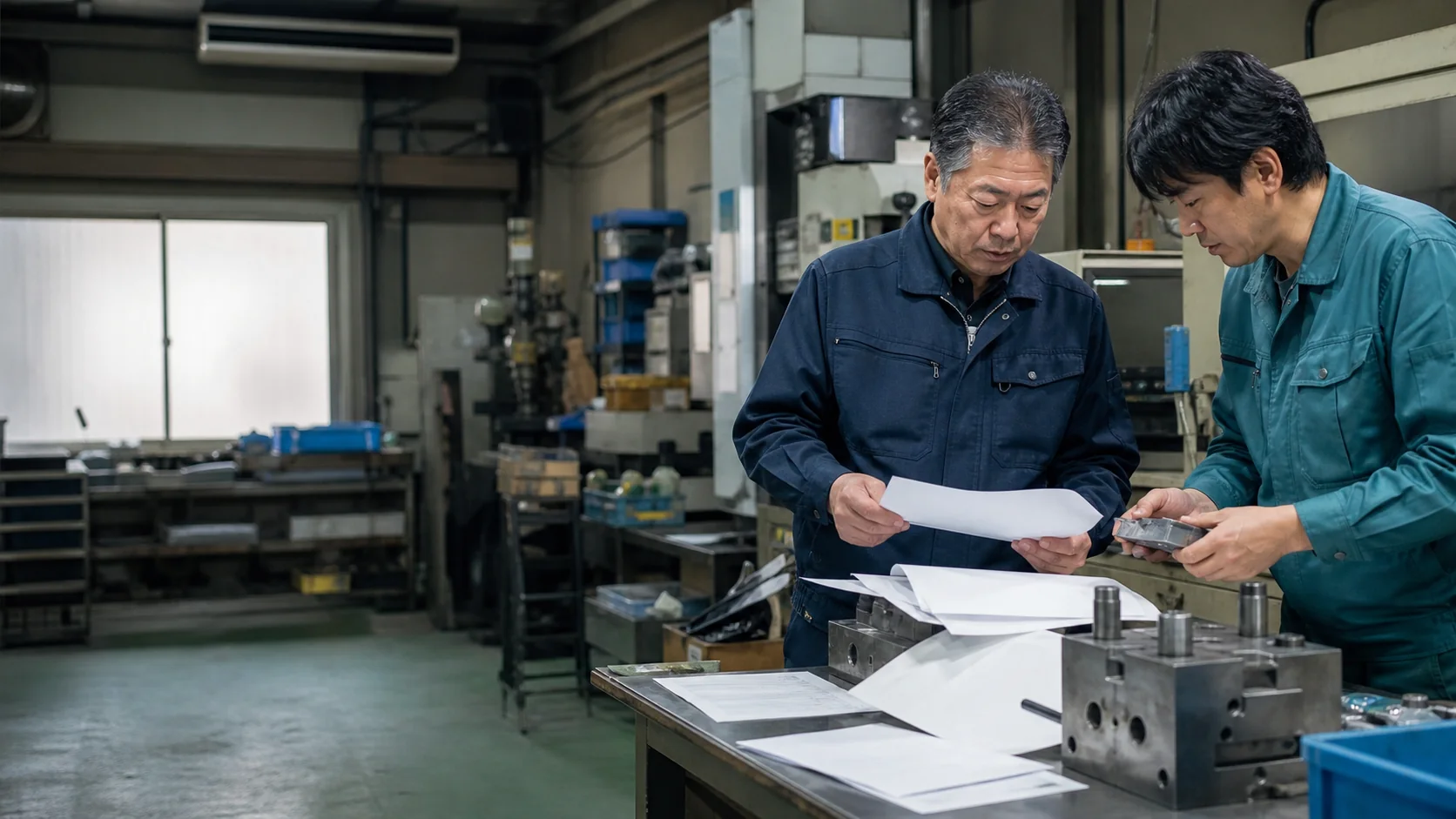 八尾市で多品種小ロットの段取り、材料・金型の先払い、協力工場への外注集中に備えて在庫と設備稼働を確認する現場