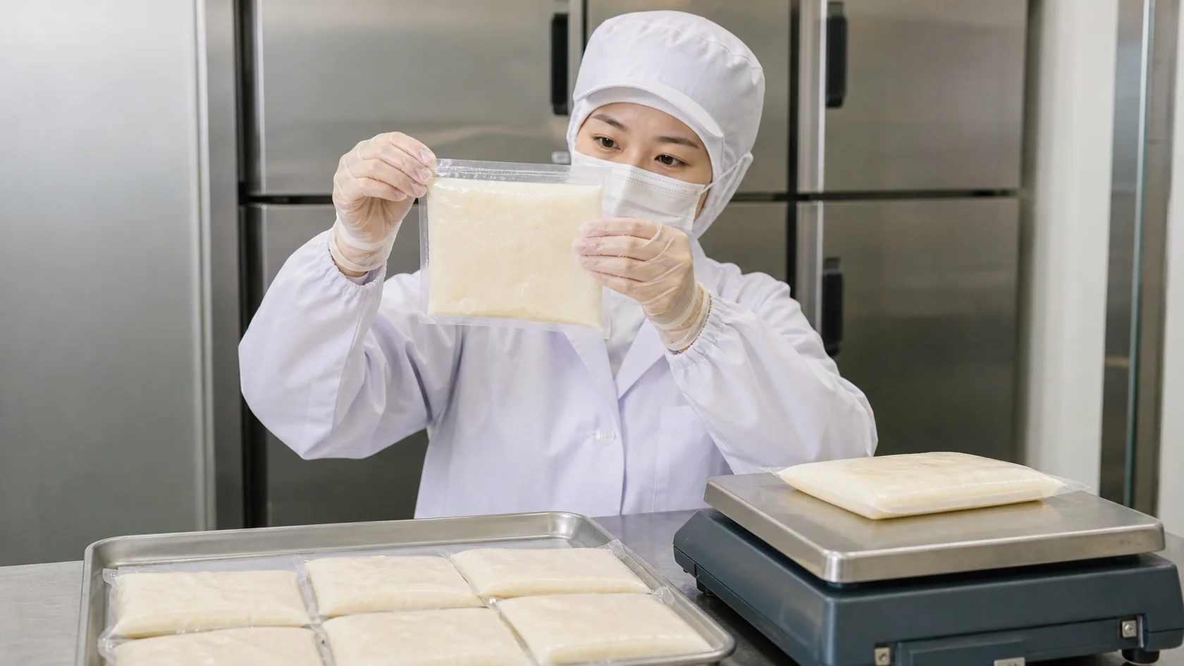 安田町を題材にした冷凍食品加工室で自然薯とろろの密封パウチを計量しシール部を点検する担当者（AI生成の説明用イメージ）