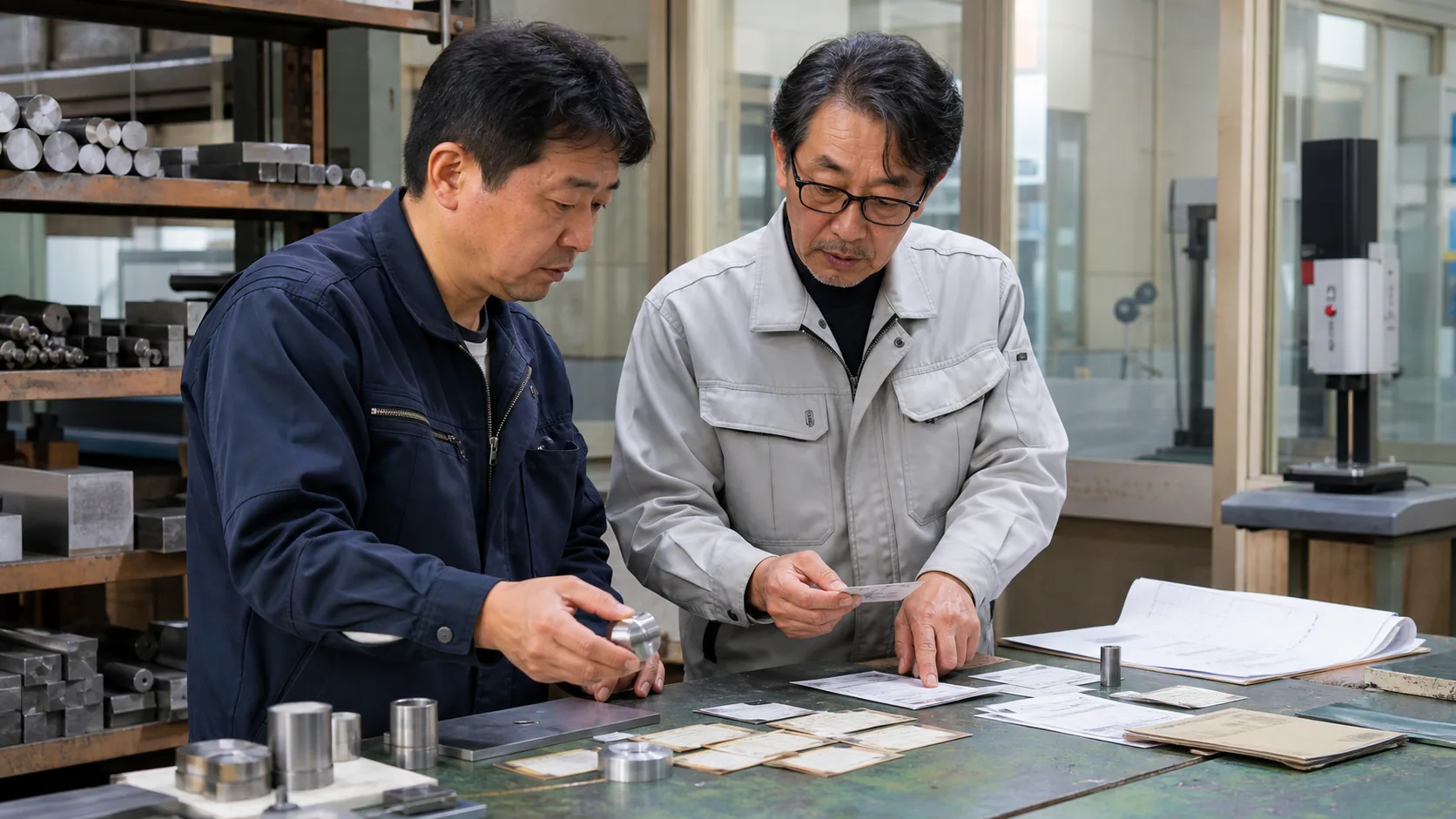 安来市の製造責任者が熱処理記録と検査予定から資金不足週を確認する場面