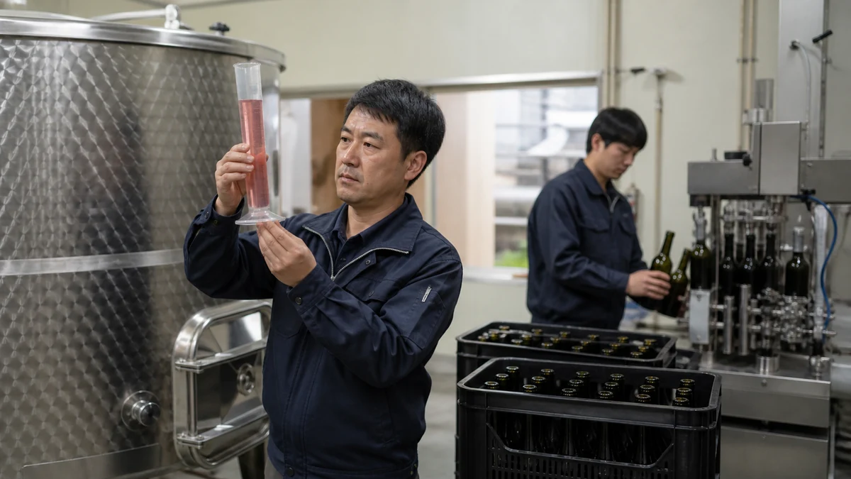 余市町のワイン醸造を想定し、担当者が貯蔵槽の試料と瓶詰め待ちロットを確認する生成イメージ