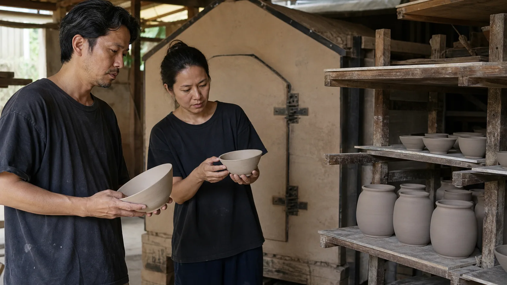 作品番号と窯出し検品・卸精算を確認する架空陶房（AI生成の説明用イメージ）