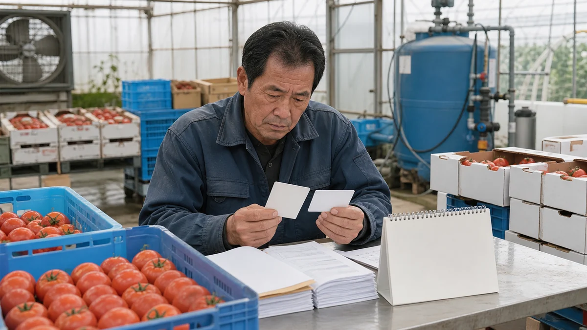 蓬田村の夏秋トマトの収穫・選果・共同出荷で支払日と検収後の入金日がずれる状況を想定した生成イメージ
