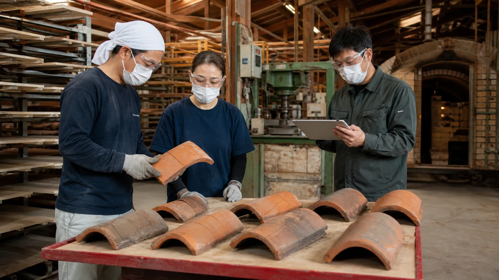 窯番号・パレットと現場検収を照合する架空瓦工場（AI生成の説明用イメージ）