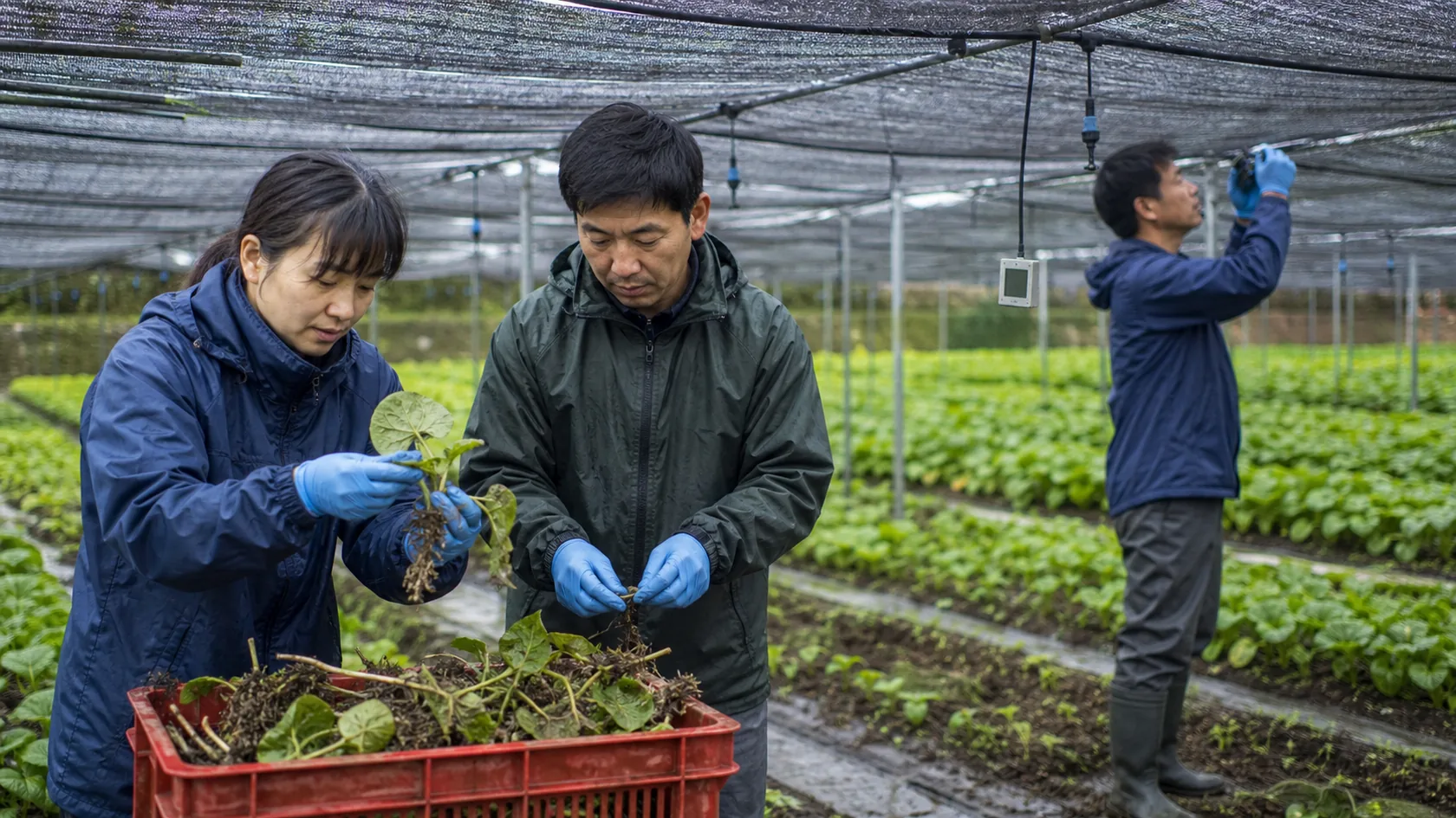 吉賀町のわさびハウスで根傷みと生育遅れの株を掘り取り、遮光・温度・潅水記録を確認する生産者