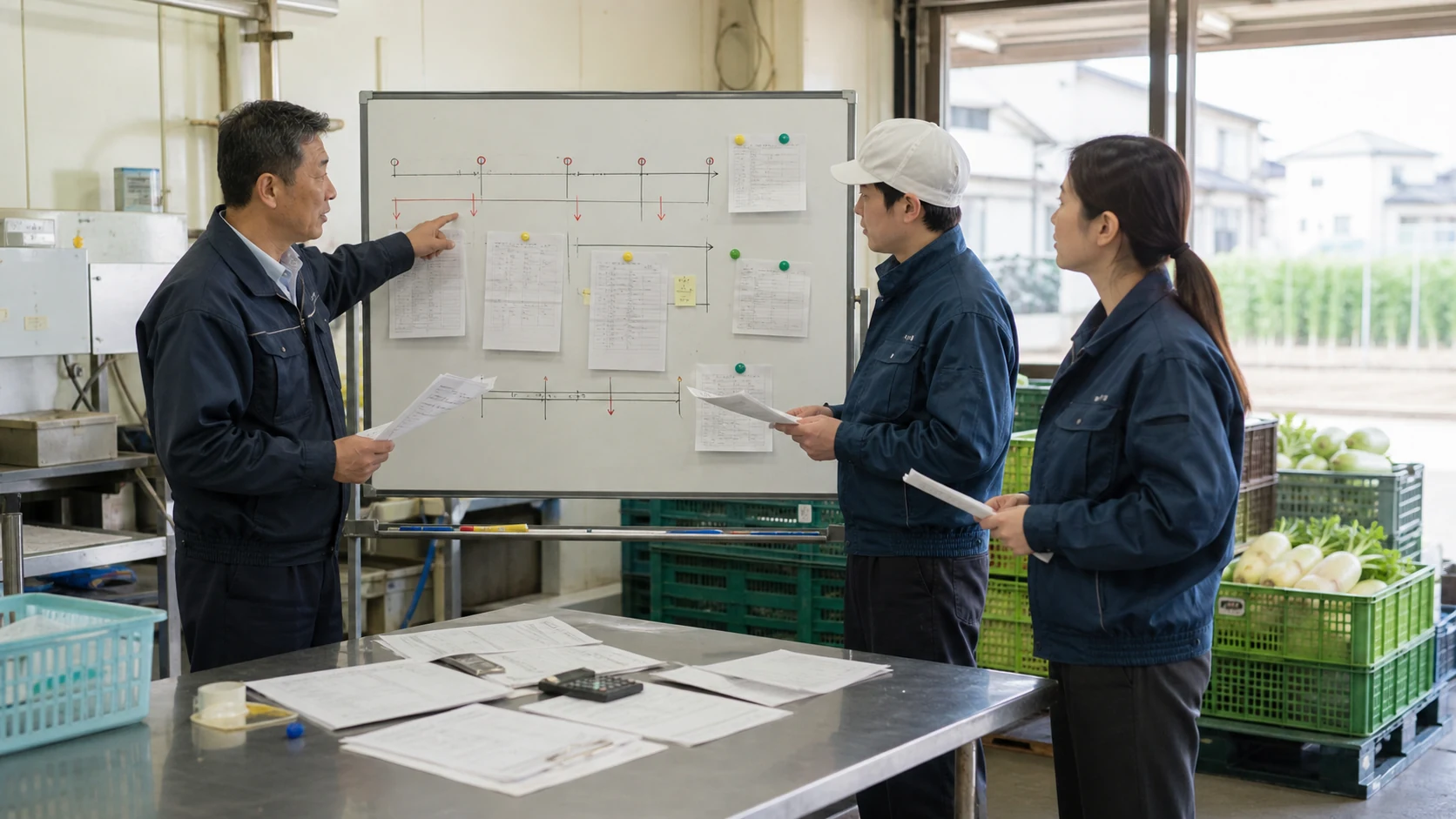 吉川市の食品加工現場で仕入れ支払と入金時期を週間工程表で確認する3人の事業者