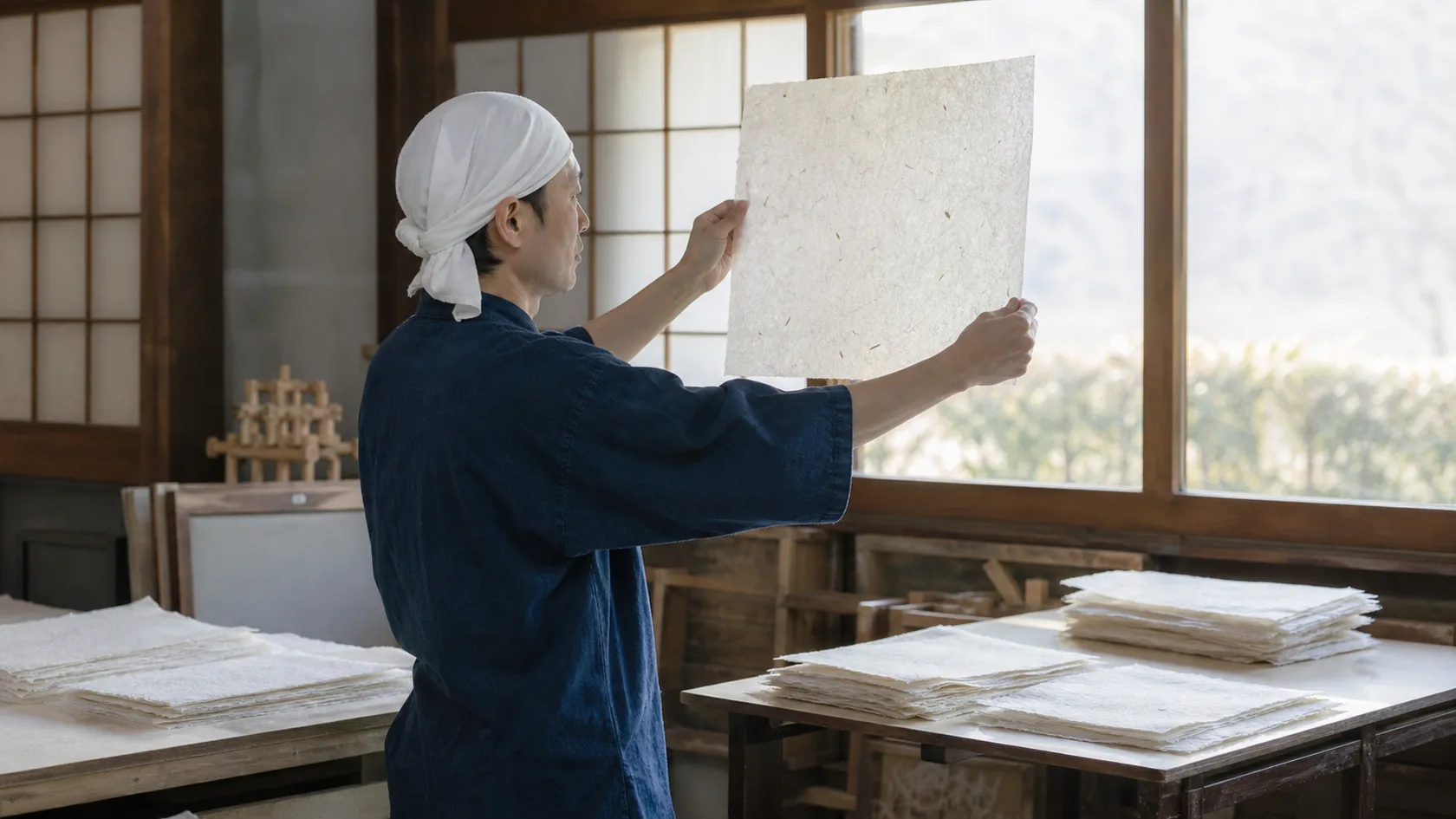 吉野町の和紙工房で厚薄・ちり・地合いむらのある紙を透過光で隔離し、楮ロットと紙漉き記録を確認する職人