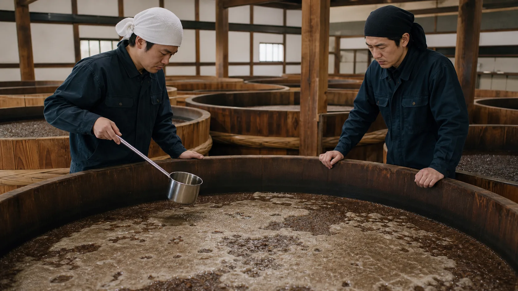 湯浅町の醤油蔵で表面酵母と発酵むらが出たもろみ桶を確認する蔵人
