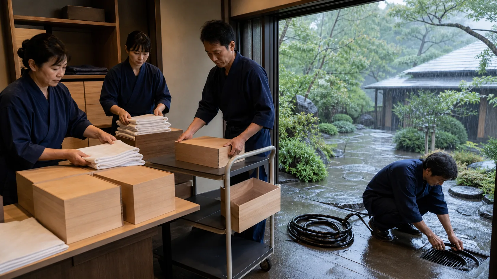 由布市の事業者が観光期前の食材・採用・客室整備費と入金根拠を確認する場面