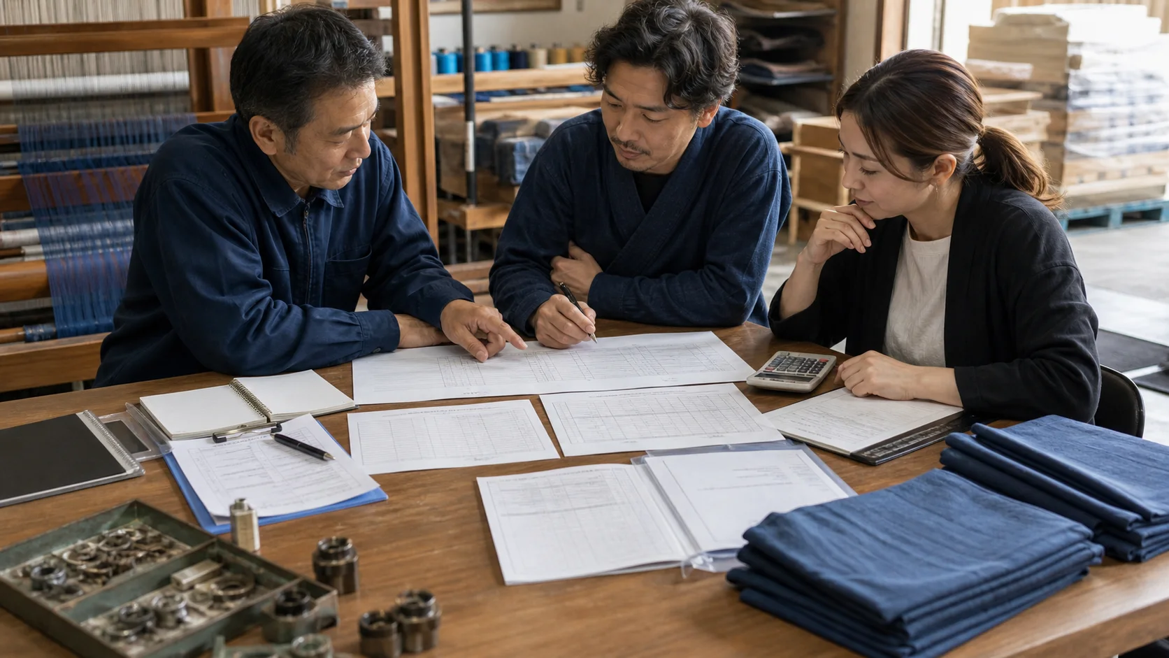 結城市の繊維事業者が資金繰りを協議するイメージ