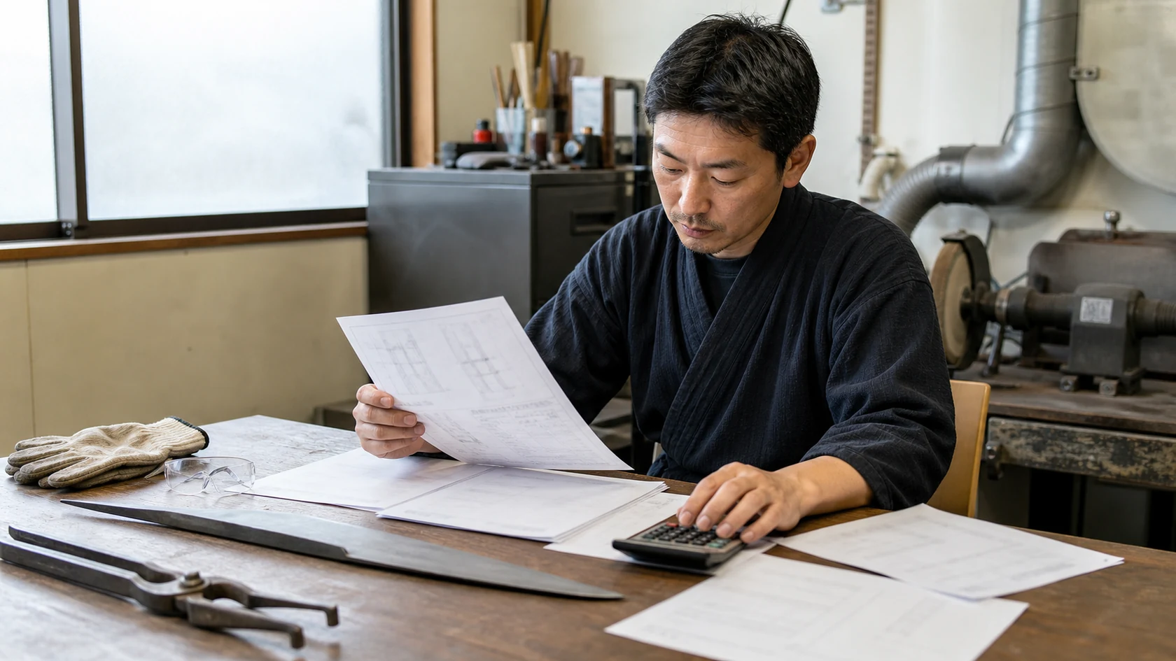 特注仕様と製作・検収台帳を確認する架空の鍛造工房（AI生成の説明用イメージ）