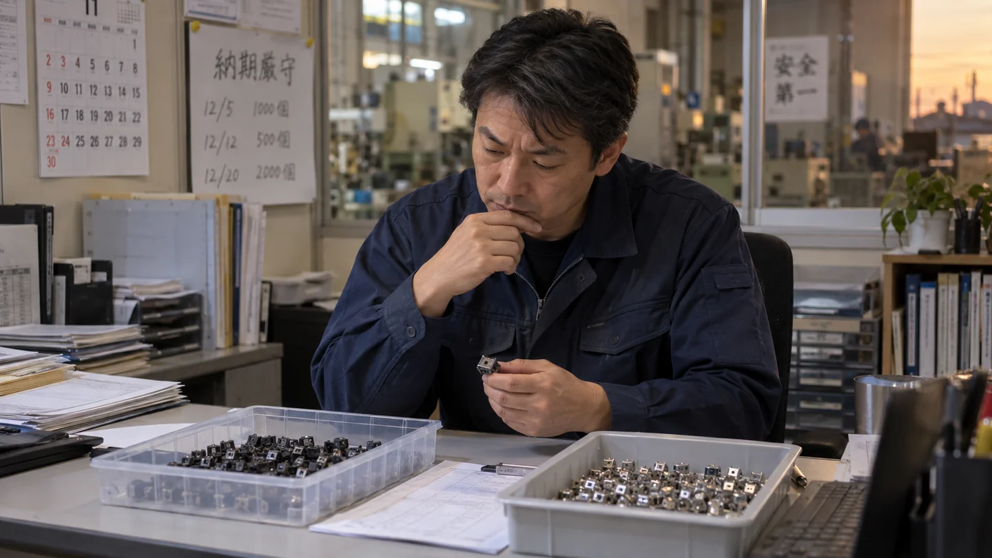 部品の検査記録と支払書類を確認する架空の工場経営者（AI生成イメージ）
