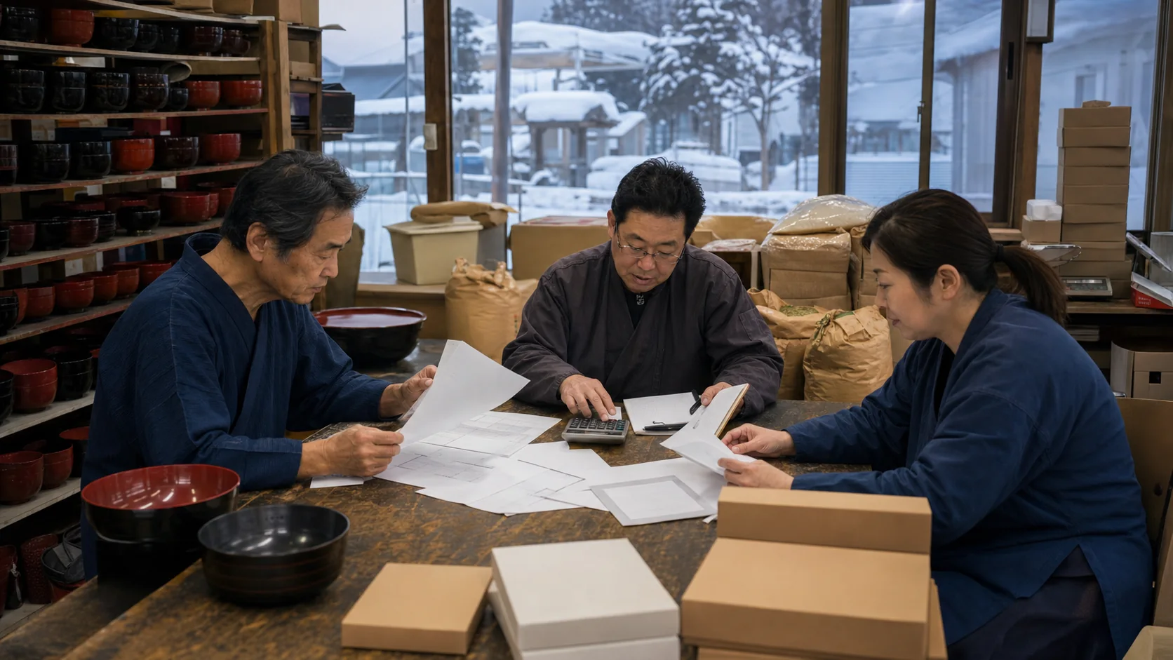湯沢市で漆器の乾燥工程と展示会前在庫、酒造期の酒米・燃料、贈答期の製麺・包装、農繁期の資材、豪雪期の暖房・除排雪費の支払いを点検する事業者