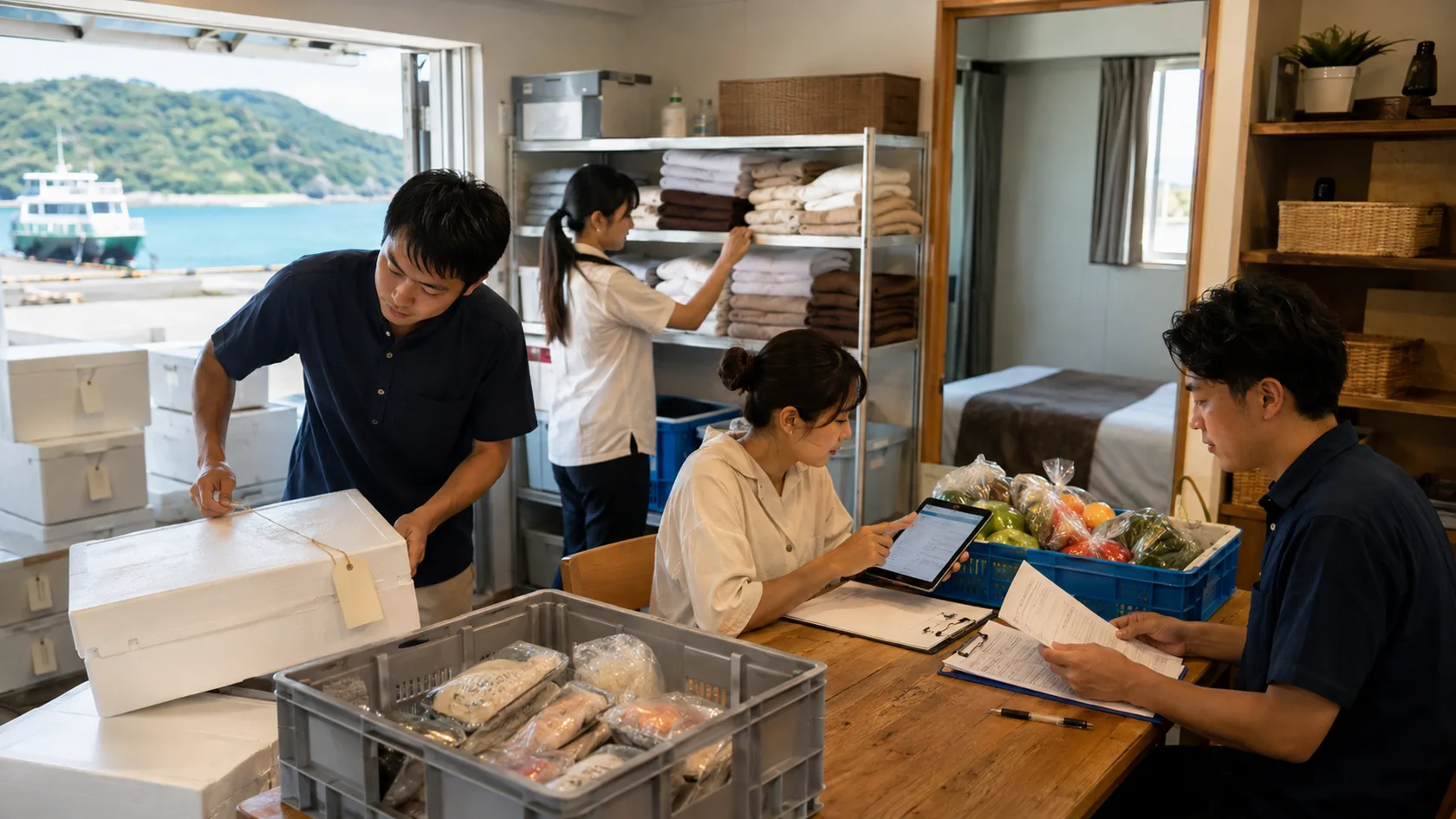 予約番号・航送仕入と予約媒体精算を確認する架空宿泊所（AI生成の説明用イメージ）