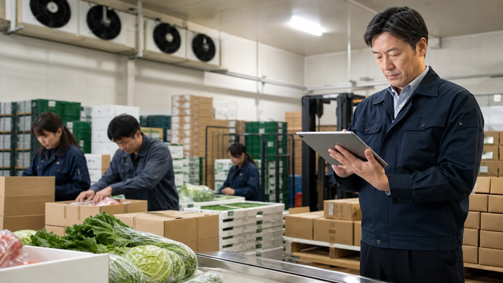 青果卸売会社の経営者と財務担当が季節仕入れと融資枠の余力を確認する場面
