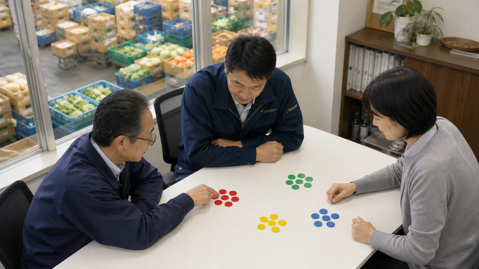 青果市場の事務所で仕入・営業・財務担当が季節資金と融資枠の更新工程を整理する場面