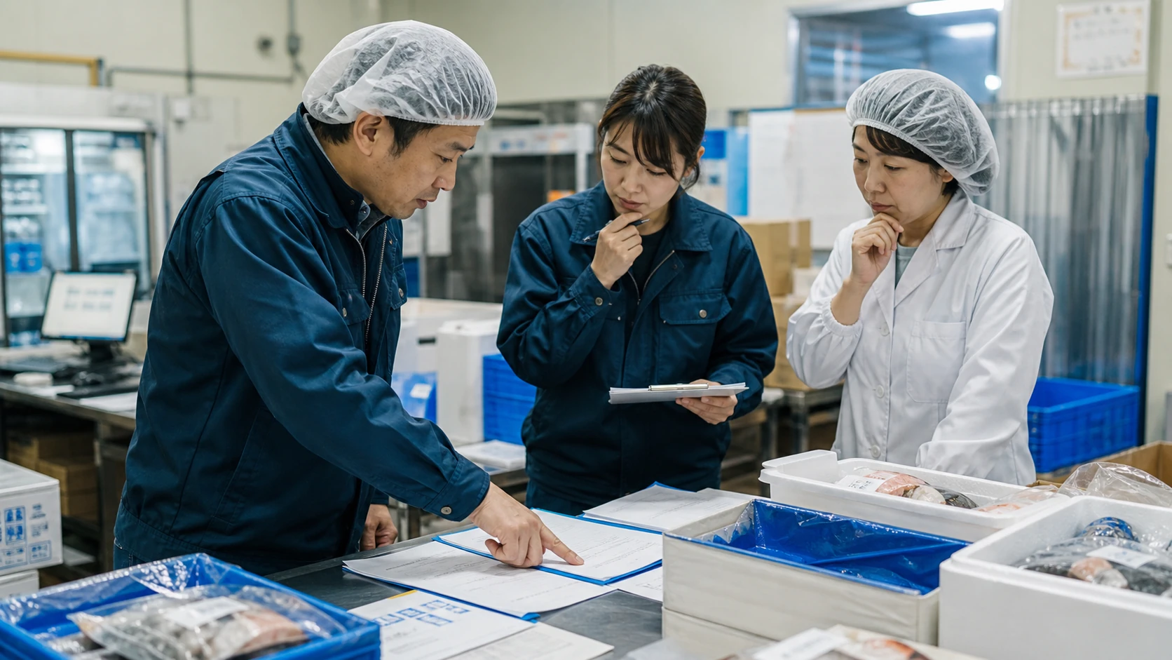 食品メーカーの経営者と輸出責任者が海外向け製品・物流・認証準備を確認する場面
