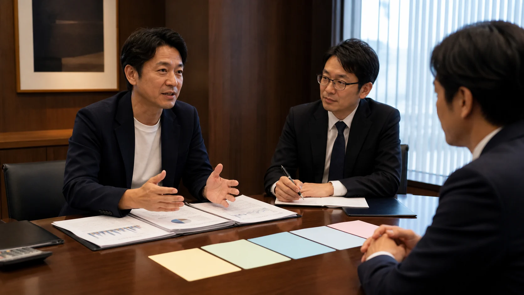 経営者と支援者が資金調達後の資金使途・銀行報告・次回調達を確認する場面