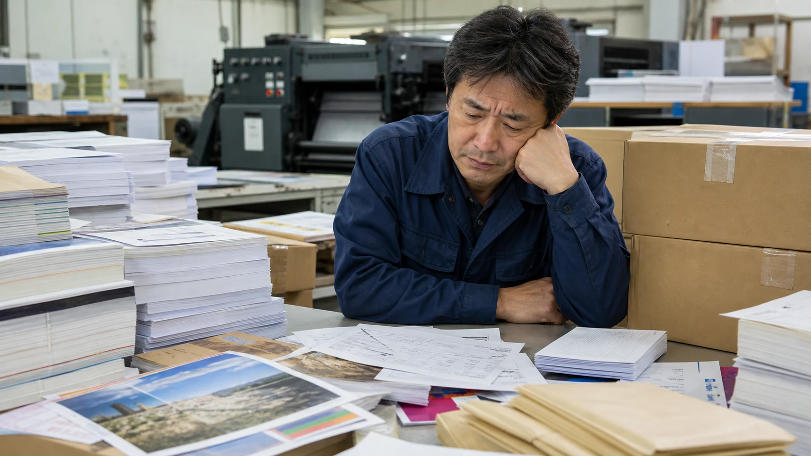 印刷工場で用紙見積と外注請求を確認する経営者