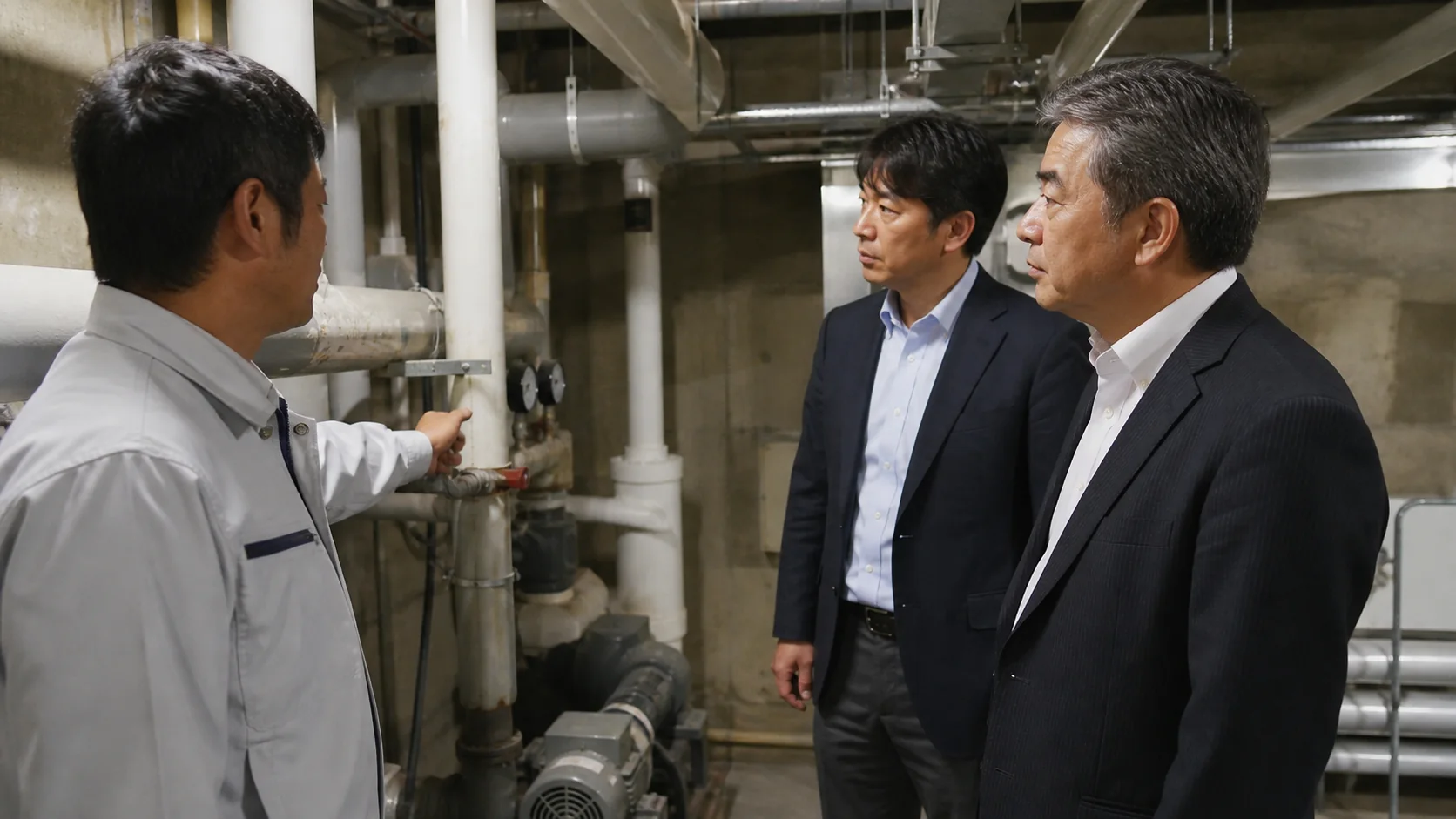 地方ホテルの経営者と施設責任者が担保候補建物の稼働状況を確認する場面