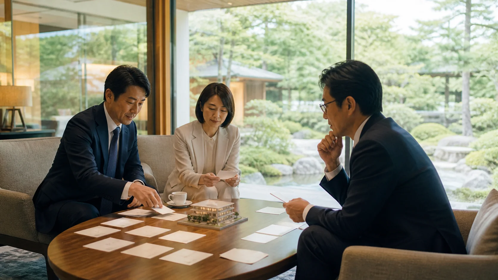 ホテル運営会社で経営者・財務担当・施設担当が物件権利と返済計画を整理する場面