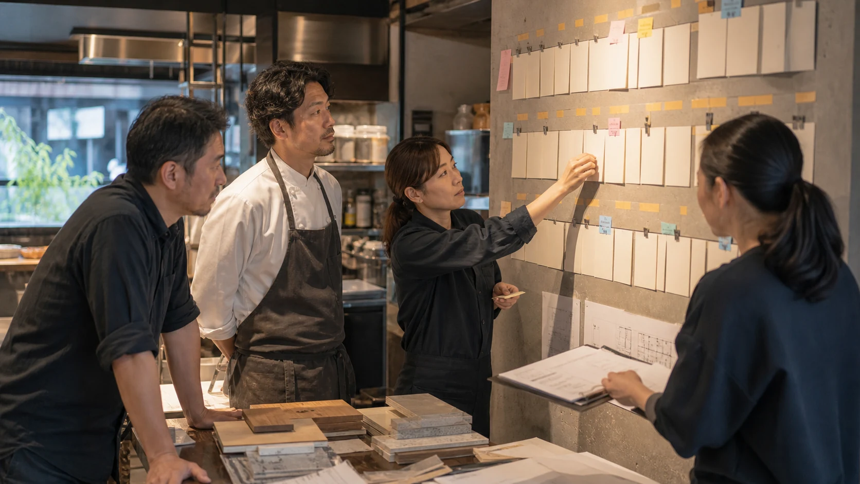 飲食店の経営・料理・店舗運営・経理が改装から再開売上までの日程を統合する場面