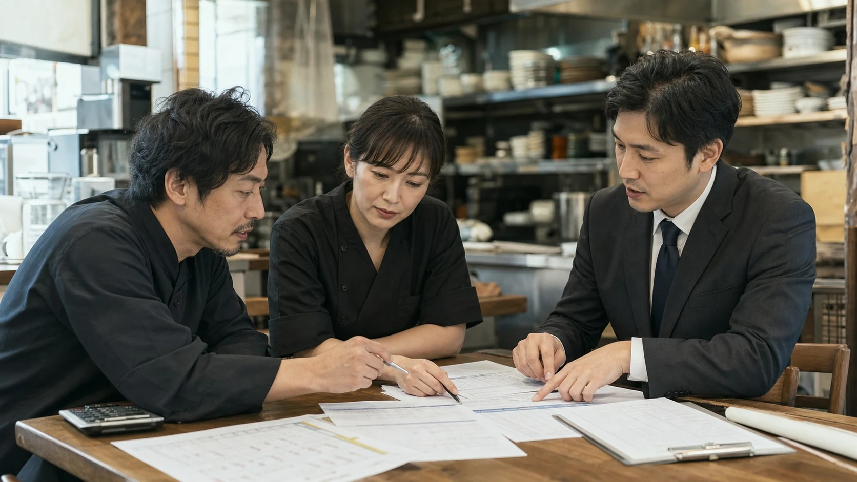 飲食店で給与と仕入と家賃とカード入金の日程を確認する店主と担当者