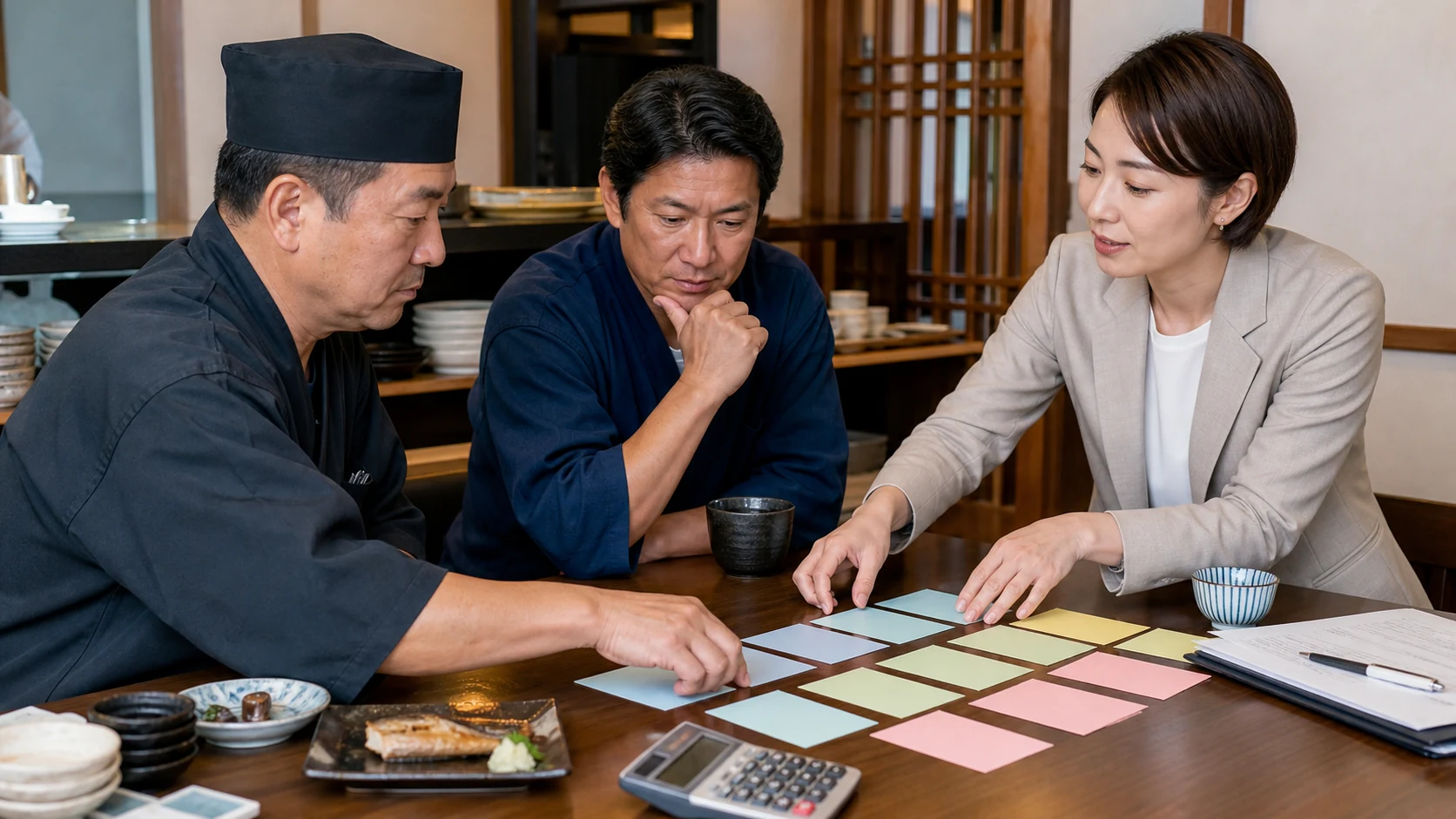 メニュー粗利と4週間の支払予定を整理する飲食店の資金会議