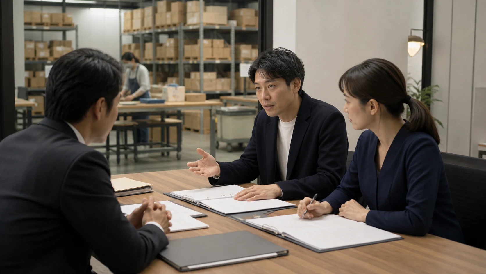 EC小売会社の経営者が金融機関担当者へ在庫・広告・決済入金の計画を説明する場面