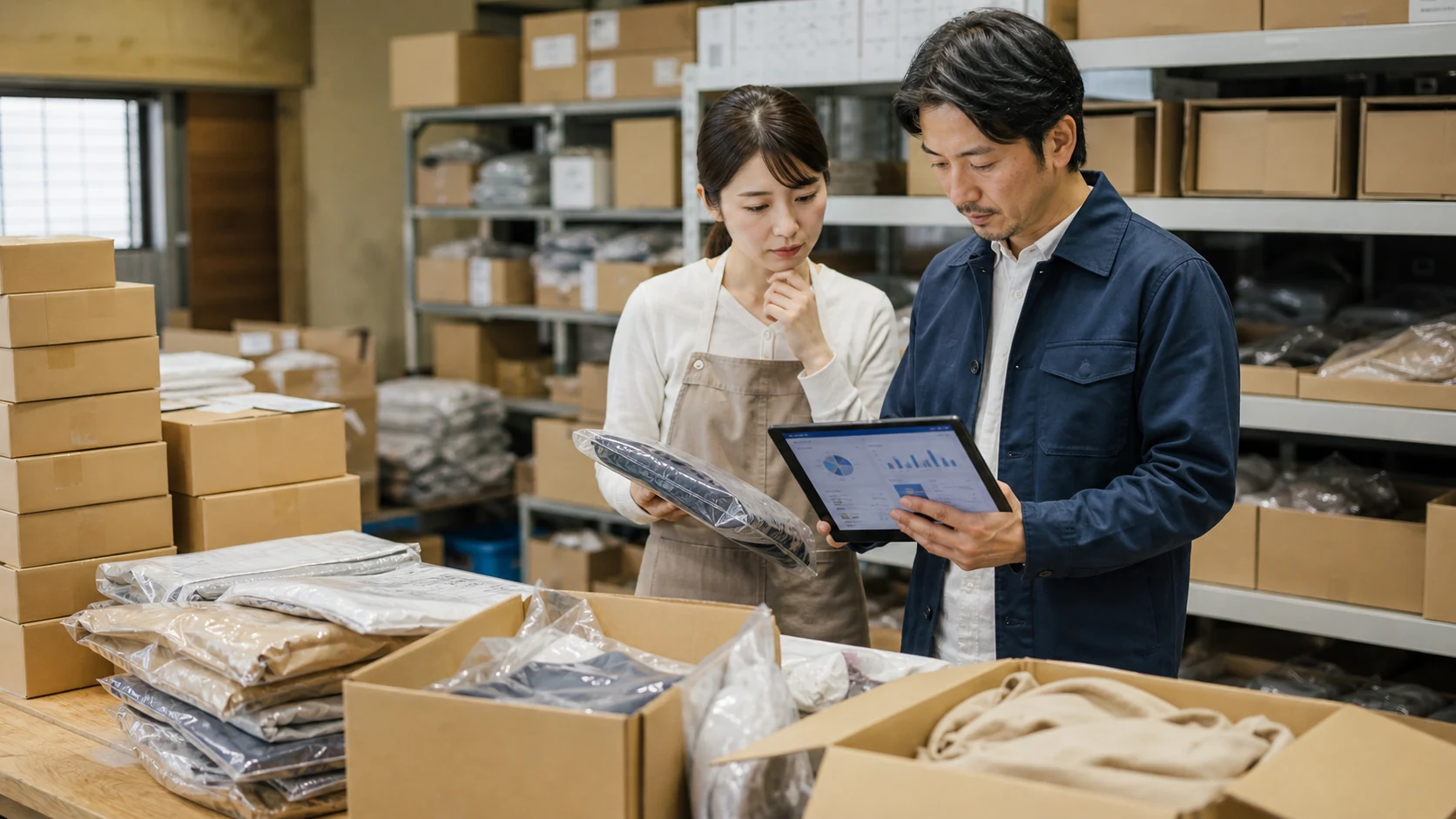 EC小売会社の倉庫で経営者と物流担当がSKU別在庫・返品・出荷予定を確認する場面