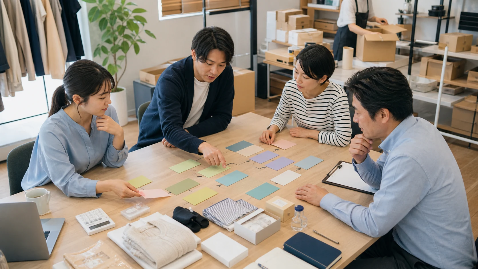 小売EC会社の経営者・販売・物流・財務担当がチャネル別資金計画を統合する場面