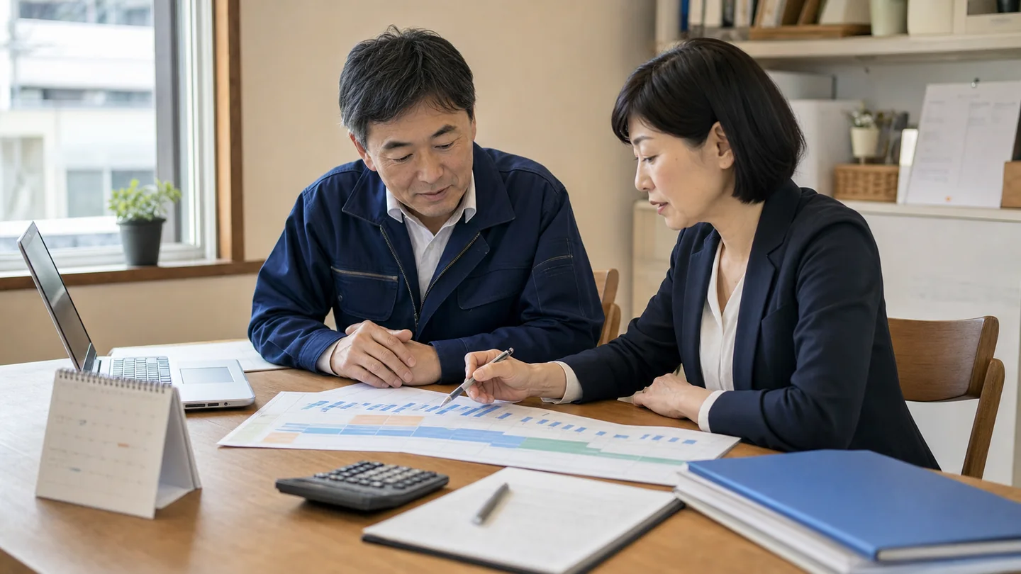 緊急資金の調達後に13週間の資金繰り計画を確認する中小企業経営者と財務担当者