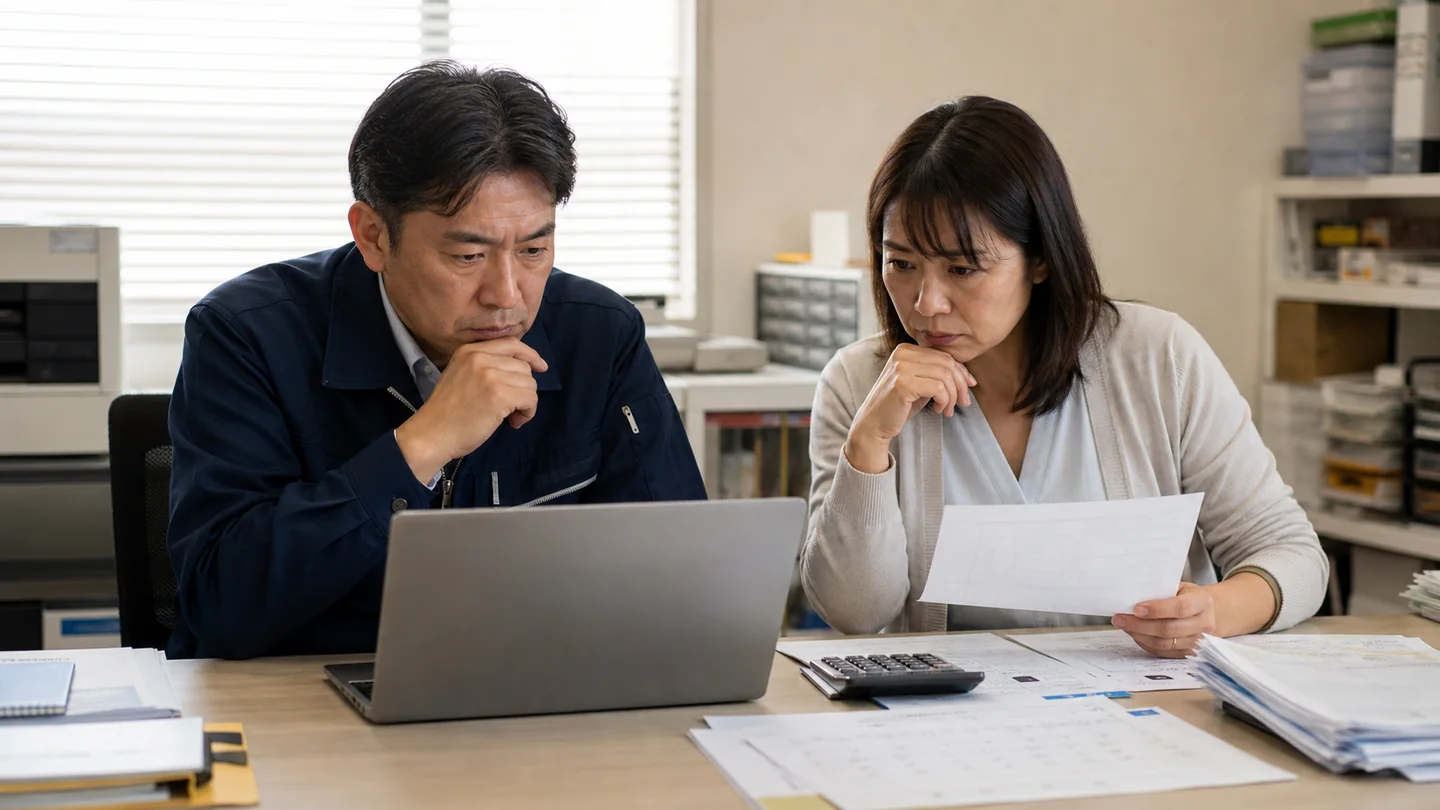 給料日までの日数と口座残高をパソコンと資料で確認する中小企業経営者と経理担当者