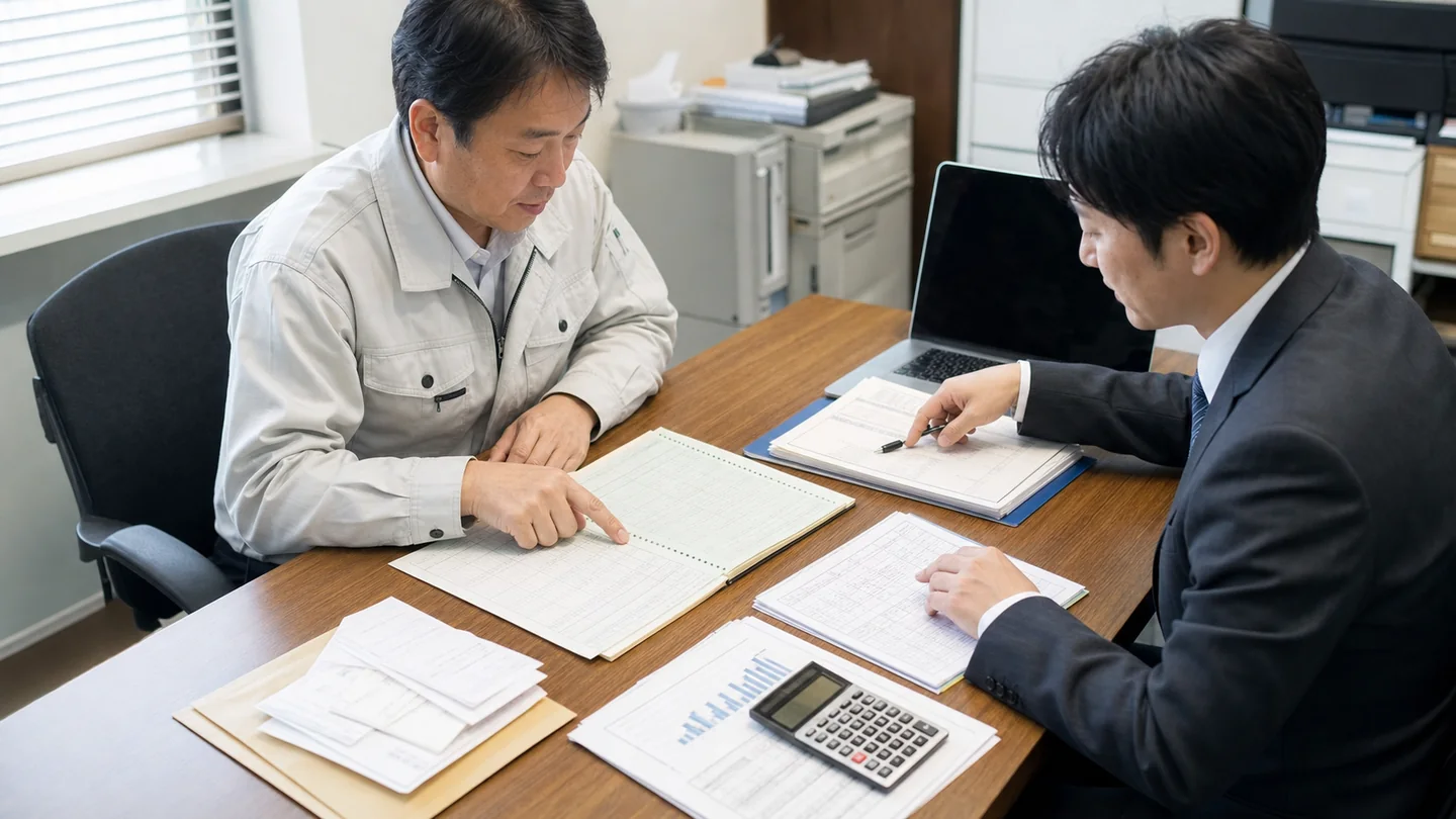 給与台帳や通帳明細、請求書、決算資料を整理しながら資金繰りを相談する中小企業経営者と専門家