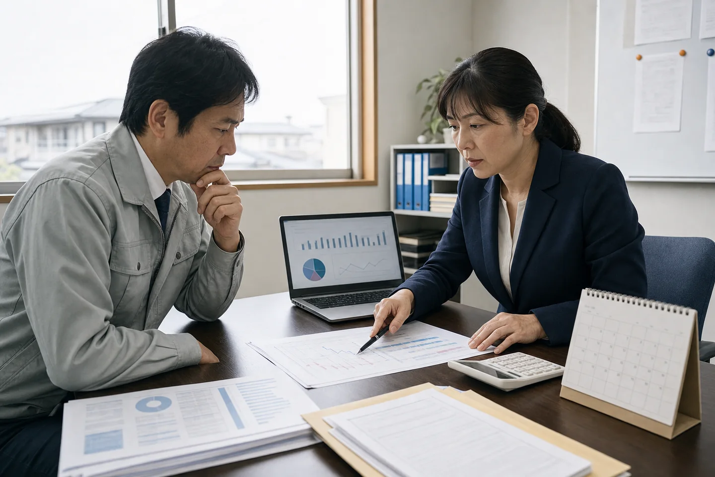 給与資金の不足原因を確認する中小企業経営者と経理担当者