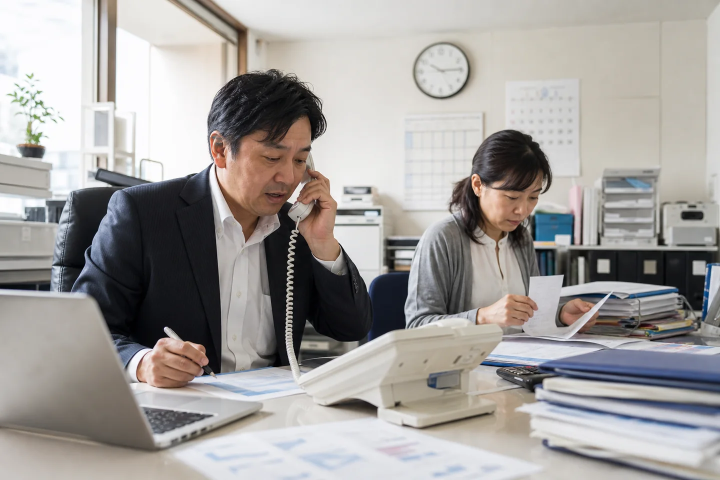 電話相談と資料整理を同時に進める中小企業経営者と担当者