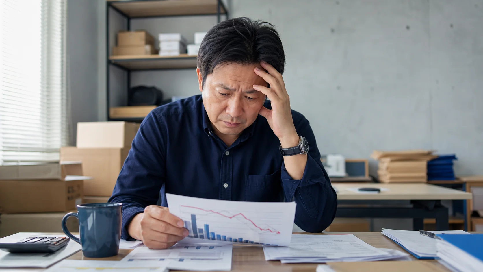 急減した月次売上と受注残を確認する中小企業経営者
