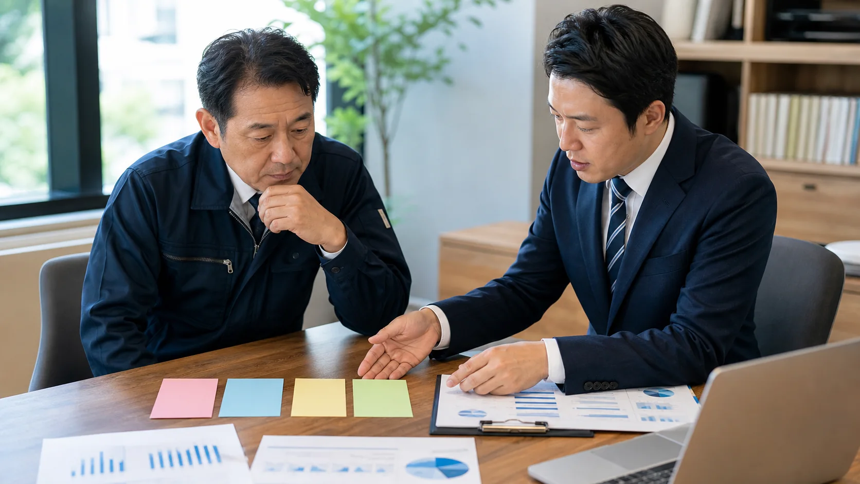 売上減少原因と回復計画を相談員へ説明する経営者