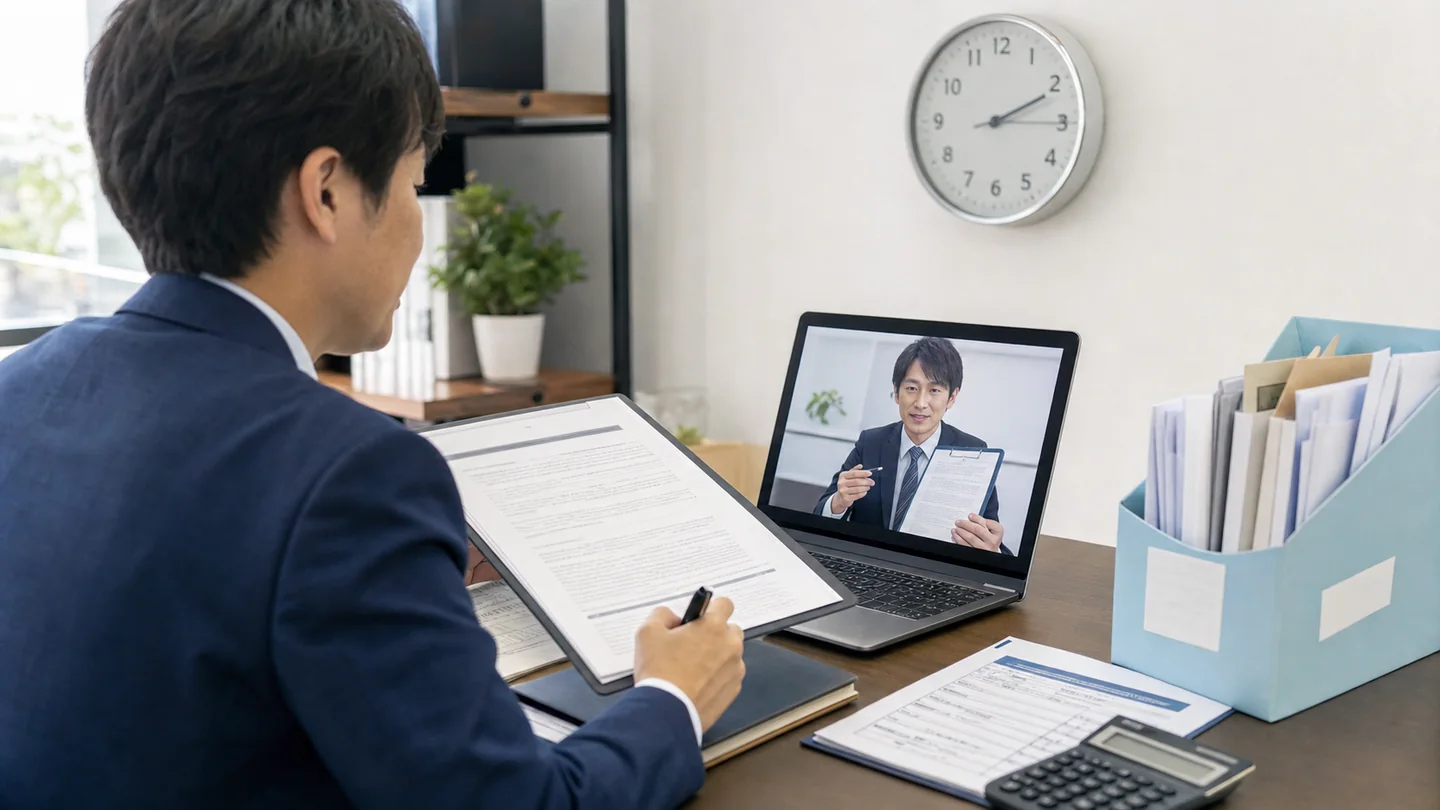 オンラインでファクタリングの条件説明を受け契約書を確認する経営者