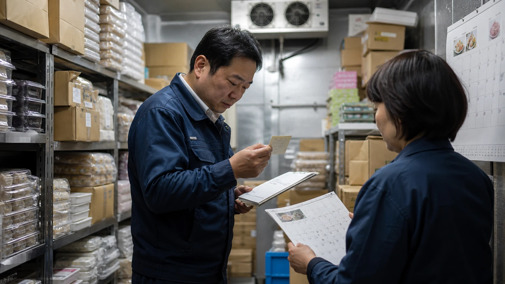 和菓子製造会社の経営者と製造責任者が繁忙期前の原材料と在庫を確認する場面