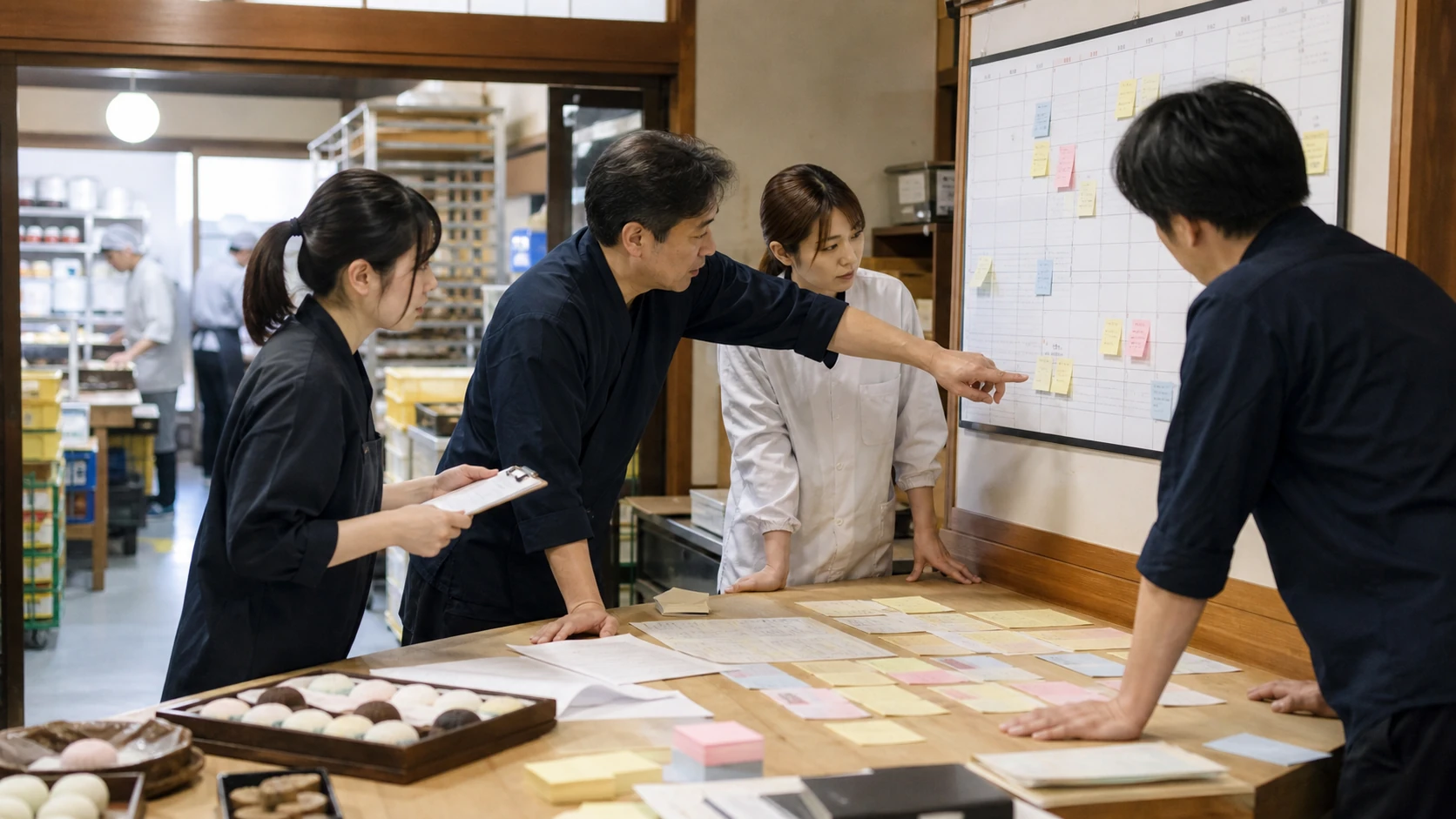 和菓子製造会社で営業・製造・経理担当が繁忙期の販売と資金日程を統合する場面