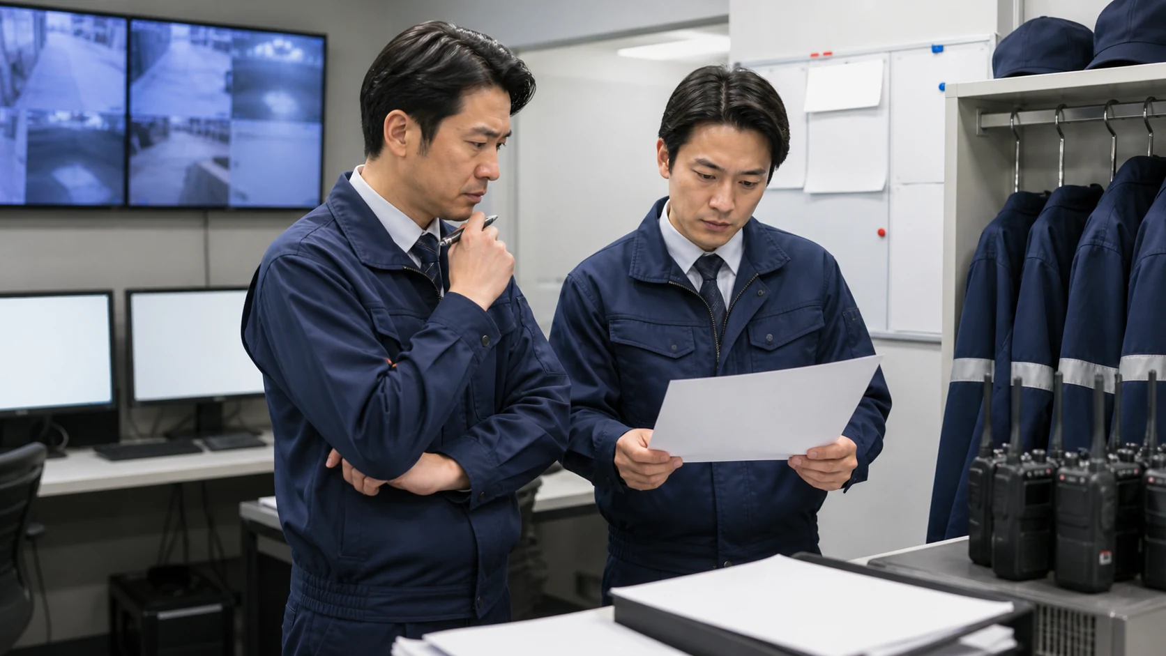 警備会社の管制室で経営者と配置責任者が現場勤務と給与日程を確認する場面