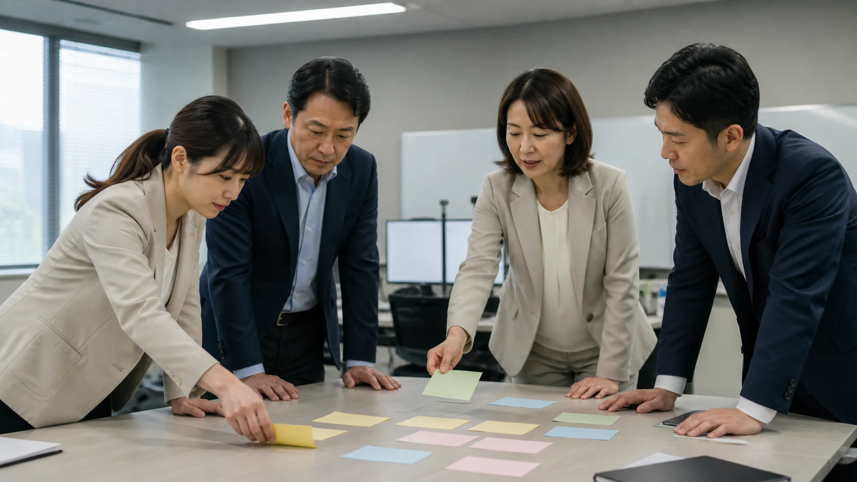 警備会社の経営者・管制・人事・財務担当が現場別資金を統合する場面