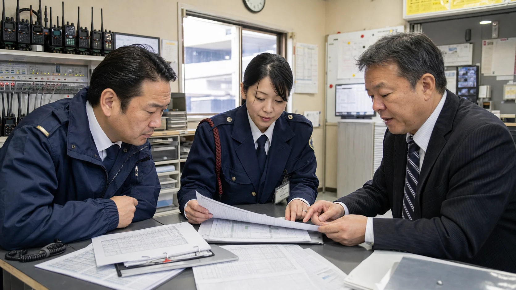 警備会社の管制室で承認済み勤務と現場別給与を照合する担当者
