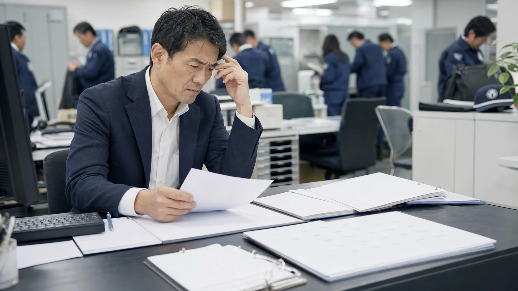 勤務実績と給与支払日を照合する警備会社経営者