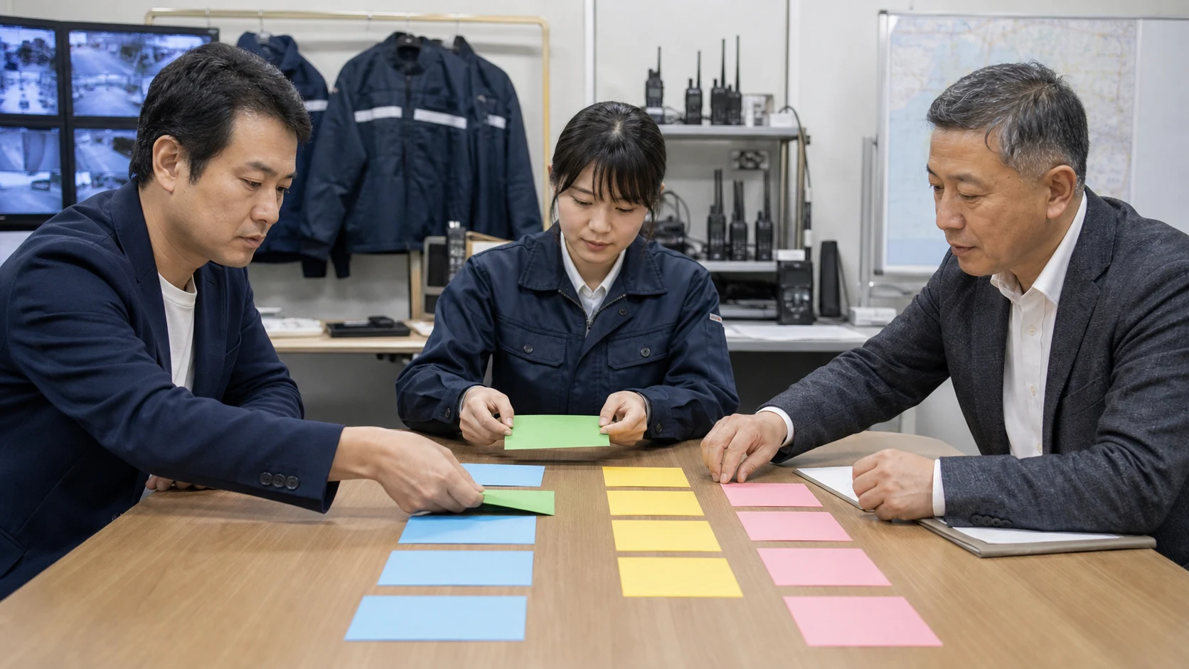 現場別の配置・承認・請求をカードで整理する警備会社の会議