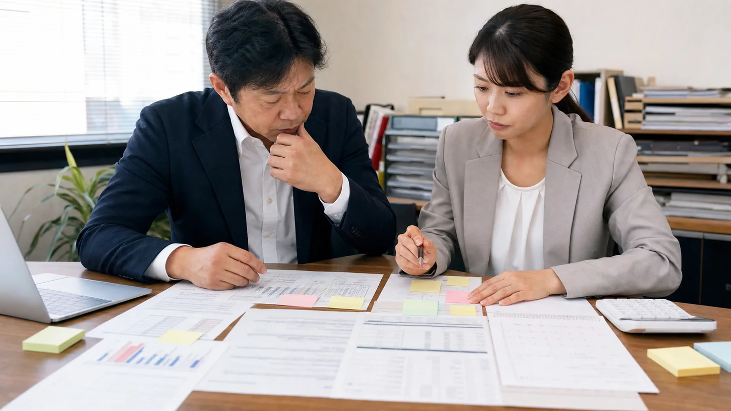 社会保険料と給与の支払予定を照合する中小企業経営者と担当者