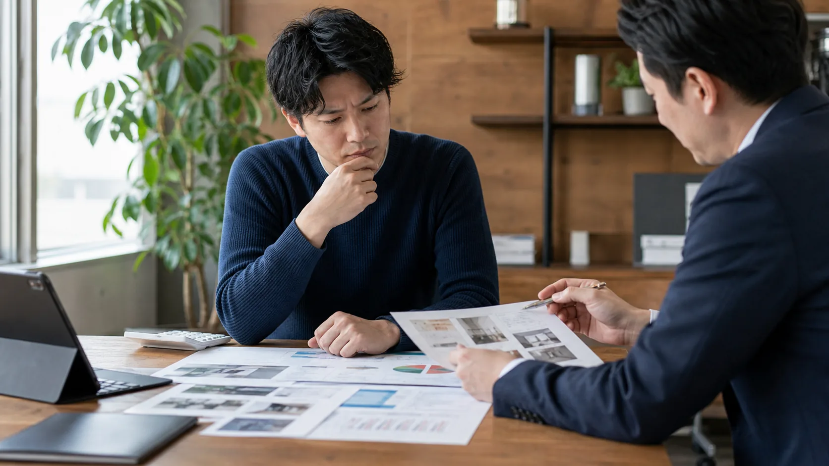 創業者が自己資金と開業費用の資料を支援者と確認する場面