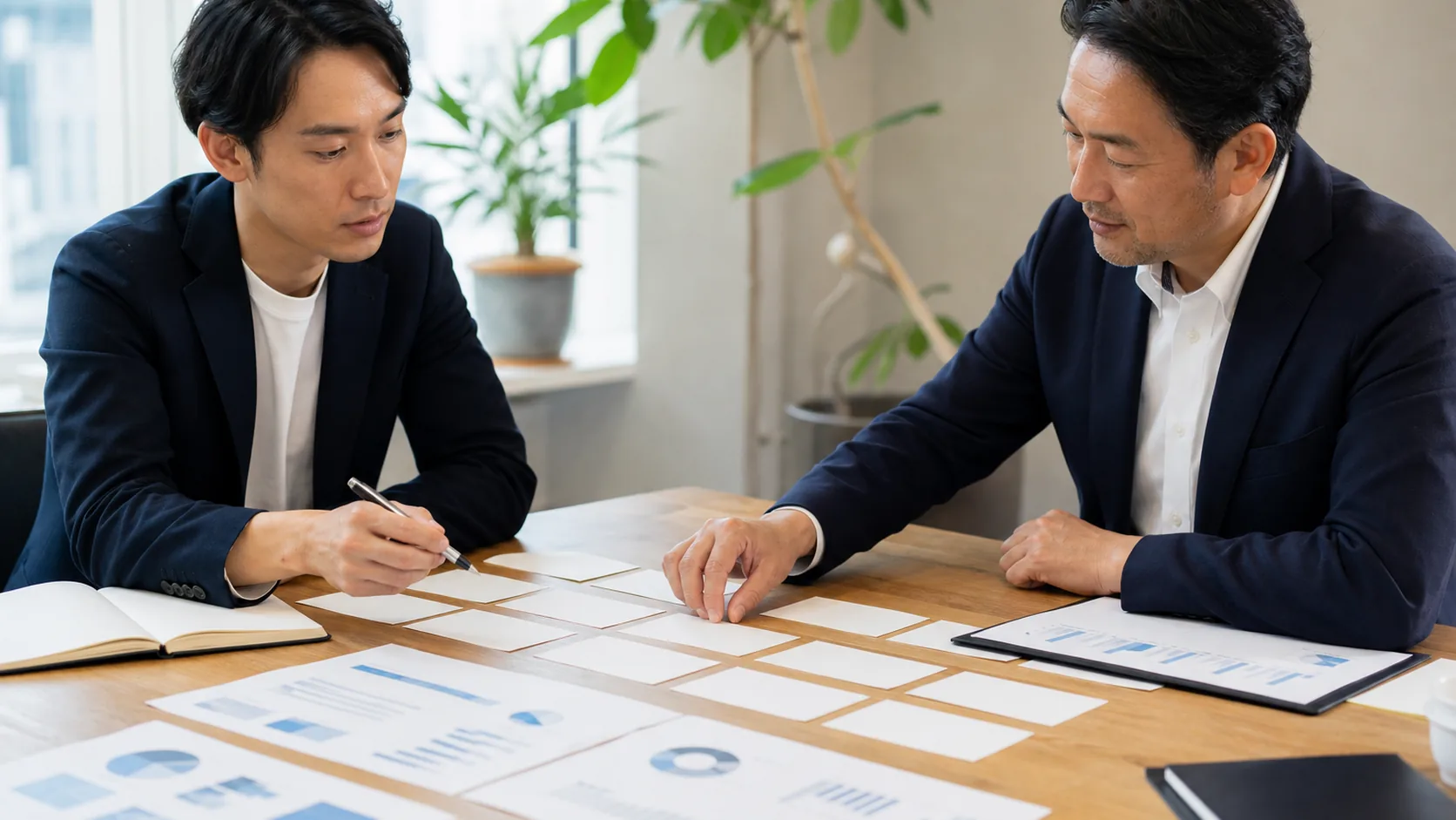 創業者と支援者が創業計画と開業工程を整理する場面