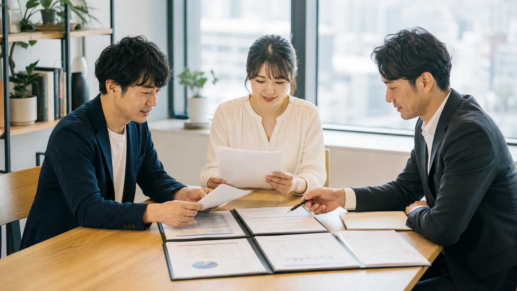 創業計画書と12か月資金繰りを相談員へ説明する起業家