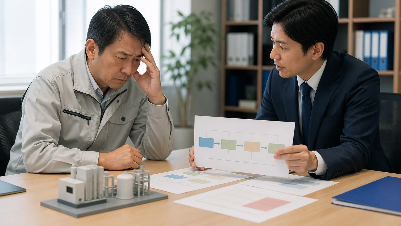 経営者が補助事業の支払工程と補助金入金までの資金を支援者と確認する場面